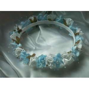  White & Light Blue Flower Girl Head Piece Halo Wedding Mis 