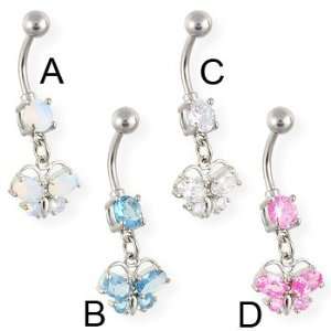  Navel ring with dangling jeweled butterfly, clear   C 