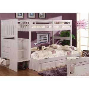 White Staircase Bunk Bed Twin/Full (Stair Stepper) with 3 Drawer 
