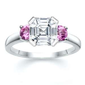  3.51 ct Asscher Diamond W Round Pink Sapphire Ring 18K 
