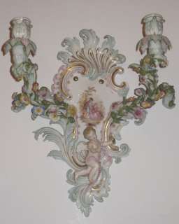 Pair Antique Meissen Porcelain Rococo Sconces  
