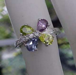 26ctTW Multi Color Gemstone Teardrops CZ Flower Ring Sz8 Rhodium 925 