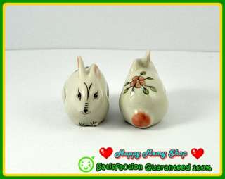 Miniature Figurine Ceramic Animal White 2 Rabbit Bunny Flower Hand 