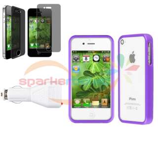 Purple Bumper Soft TPU Case+Privacy Guard+Car Charger For iPhone 4S 4 