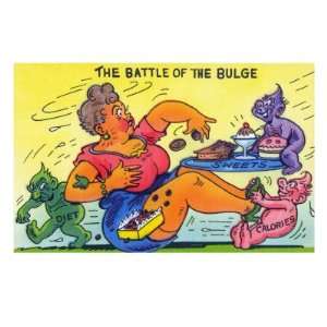 Comic Cartoon   The Battle of the Bulge; Woman Eating Snacks Food 