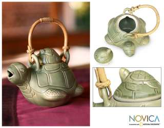 TURTLE MOM~~Balinese Ceramic Teapot w/ Rattan by Novica  