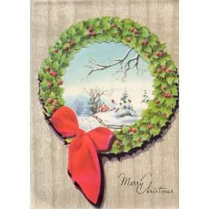  Vintage Christmas Card 1947 Wreath & Scene, #4381, Copyrighted 