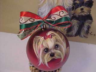 YORKIE HANDPAINTED LARGE CHRISTMAS ORNAMENT RED  