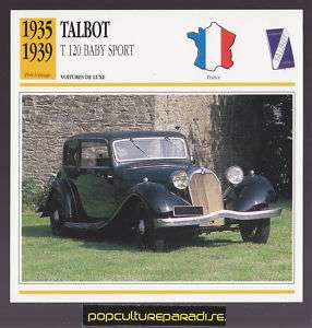 1935 1939 TALBOT T 120 BABY SPORT Car FRENCH SPEC CARD  