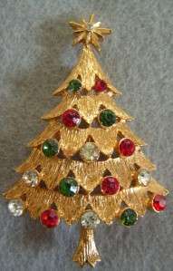 Vintage Mint MYLU Christmas Tree Brooch Pin Rhinestones  