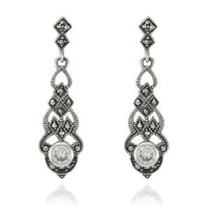   Sterling Silver Marcasite and Clear Glass Long Drop Earrings Jewelry