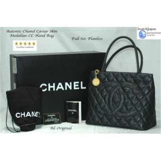 AUTHENTIC CHANEL MEDALLION, BLACK QUILTED CAVIAR LEATHER TOTE BAG 