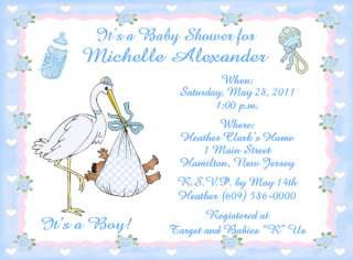 10 Stork Carrying Baby Boy Personalized Baby Shower Invitations w 