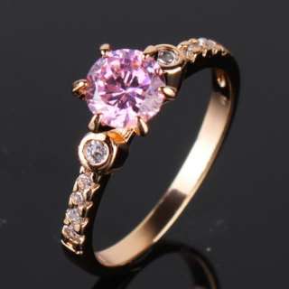 Luxury 18K gold filled round pink sapphire crystal band women ring Sz6 