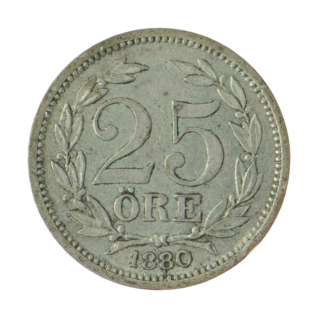 1880   XF   Sweden   25 Ore   Silver   Coin   SKU# 2363  