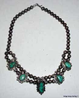 BEAUTIFUL VINTAGE NAVAJO STERLING BEADED TURQUOISE CHOKER NECKLACE 