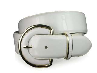 This plain patent leather belt features round gold buckle attached 