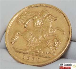 22K Solid Yellow Gold Genuine 1898 Half Sovereign Coin 22KT  