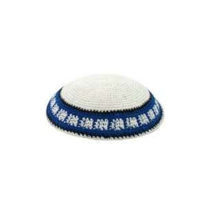  White Knitted Kippah with White Boxes and Blue and Black 
