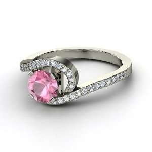  Wave Ring, Round Pink Tourmaline 14K White Gold Ring with 
