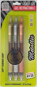 Pk/3 Zebra 46603 Sarasa Retractable Metallic Gel Pens, Gold Silver 
