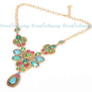 Vintage Golden Chain Water Drop Blue & Hot PInk Acrylic Beads Pendant 