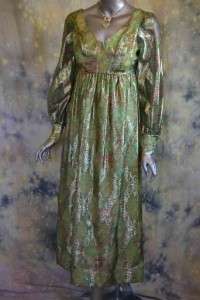 vtg 60s 70s ETHNIC metallic EMERALD GREEN maxidress S  