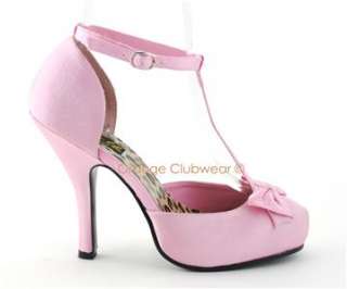   Pink Satin Retro Vintage Style T Strap Pump High Heels Shoes  