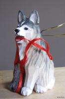 New Rustic Wood Carved Husky Dog Harness Ornament  