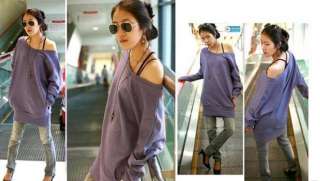New Korea Women Strapless Long Sleeve Batwing Shirt Top 2 Colors 1070 