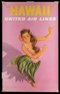 Original 1950 Vintage HAWAII Travel Poster UNITED AIRLINES Hawaiian 