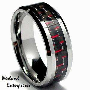 8mm Red and Black Carbon Fiber Inlay Tungsten Carbide Ring Band  