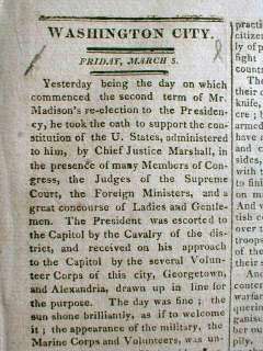   of 1812 newspaper JAMES MADISON INAUGURATION as PRESIDENT w His Speech