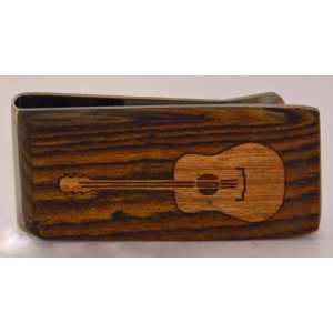    Money Clip with Hand Inlaid Cherry Wood Guitar 