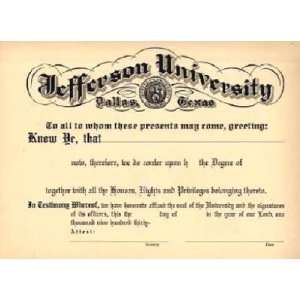  Jefferson University Dallas Texas 1930s Blank Diploma 