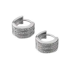   Silver & Round Clear CZ Triple Vertical Channel Huggie Hoop Earrings