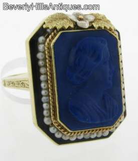 Exquisite High Releif Carved Lapis Lazuli Cameo Seed Pearl 14k 