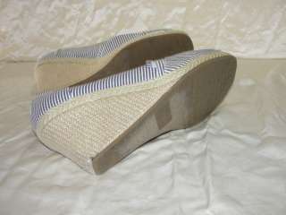 AUTH TOMS SHOES BLUE WHITE STRIPS CANVAS WEDGES HEELS 9.5  