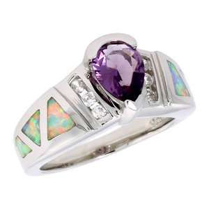 Sterling Silver, Synthetic Opal Inlay Ring, w/ Pear Shape Amethyst CZ 
