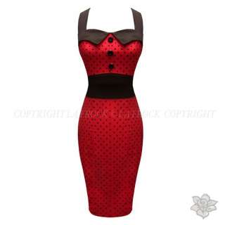 SEXY RED PIN UP POLKA 50s VINTAGE PENCIL DRESS 8   16  