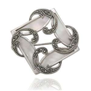  Sterling Silver Marcasite and Mother of Pearl Swirl Pin 