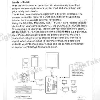 Connection Kit USB2.0 3 Port Hub and SD Card Reader for iPad1/iPad2 
