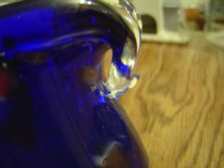 Blue Glass Hand Blown Purse Vase Red White Design 6x7x4  