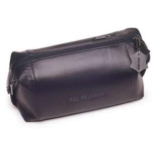 Engraved Personalized Black Leather Mens Toiletry Bag  