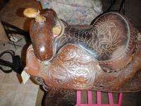   Antique Tooled Roping Saddle 15 Seat Working Horse Saddle  