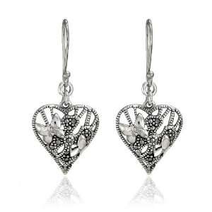  Sterling Silver Marcasite Heart Butterfly Wire Earrings 