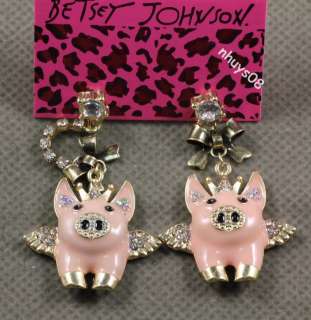 Free Ship Betsey Johnson Angel Wings PIG Pink Crystals dangle 