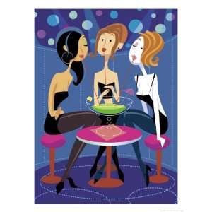  Three Women Sharing a Large Drink at a Bar Stretched 