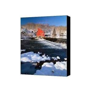  Scenic Winter View of a Waterfall and a Red Mill Canvas 