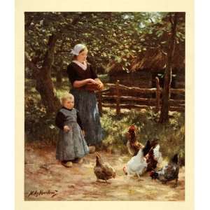  1913 Willy Martens Child Mother Chickens Rooster Print 